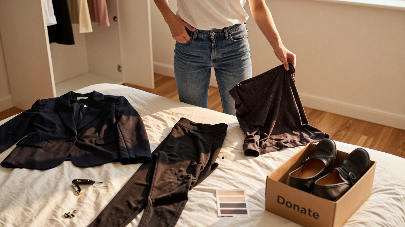 Pessoa organiza roupas numa cama, com caixa de doação ao lado com sapatos, casaco e calças.