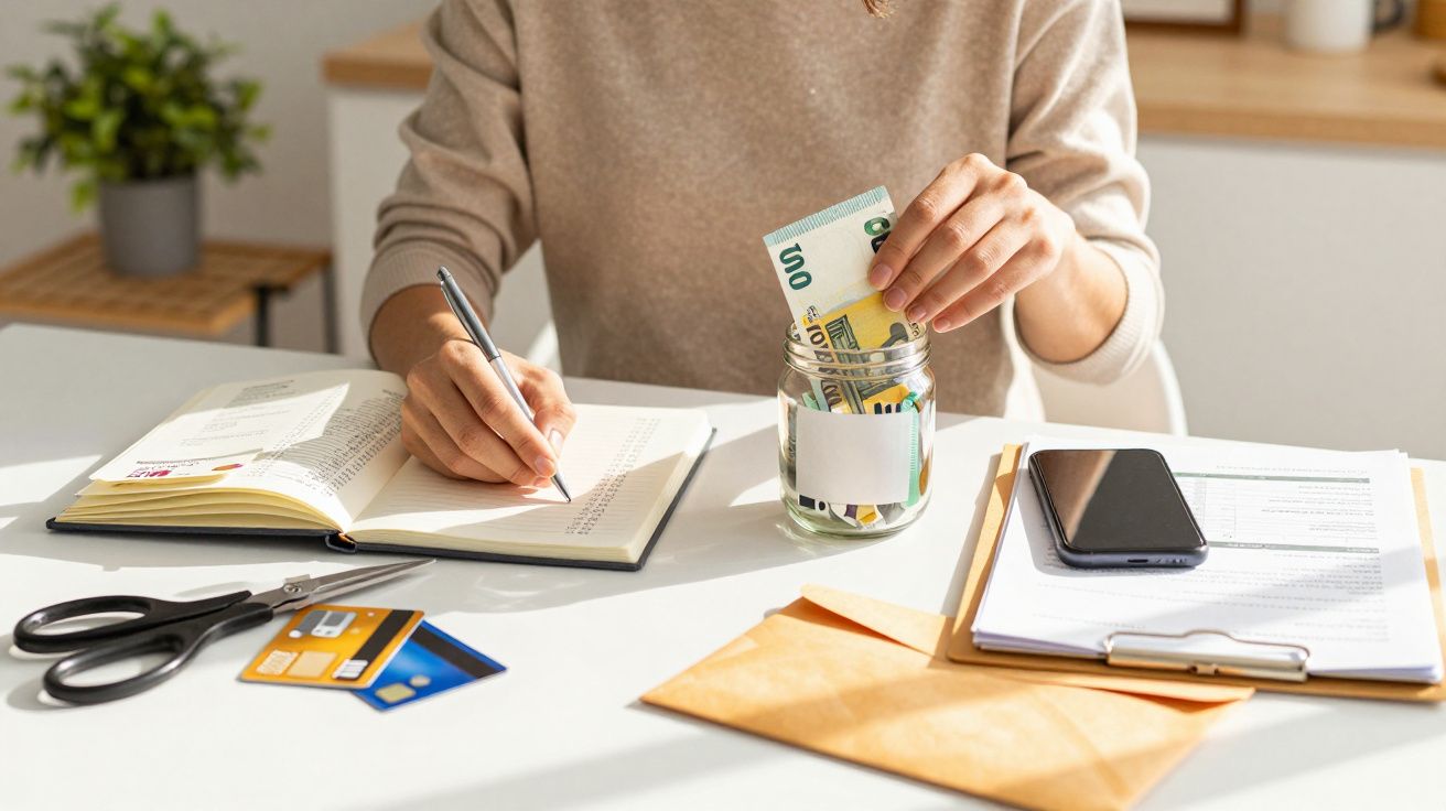 Pessoa, sentada à mesa, guarda notas de euro num frasco, ao lado de um caderno, telemóvel e cartões.