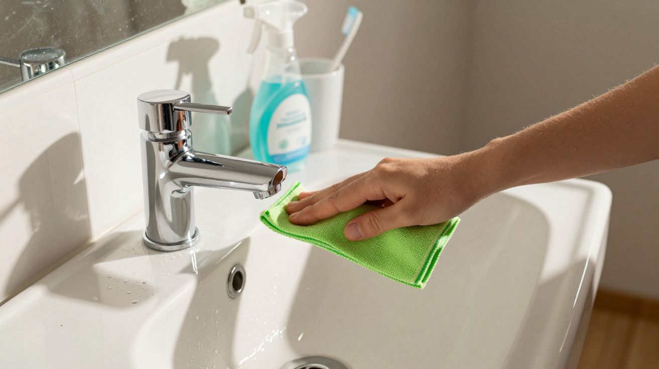 Mão a limpar uma torneira de lavatório com um pano verde, produtos de limpeza ao fundo.