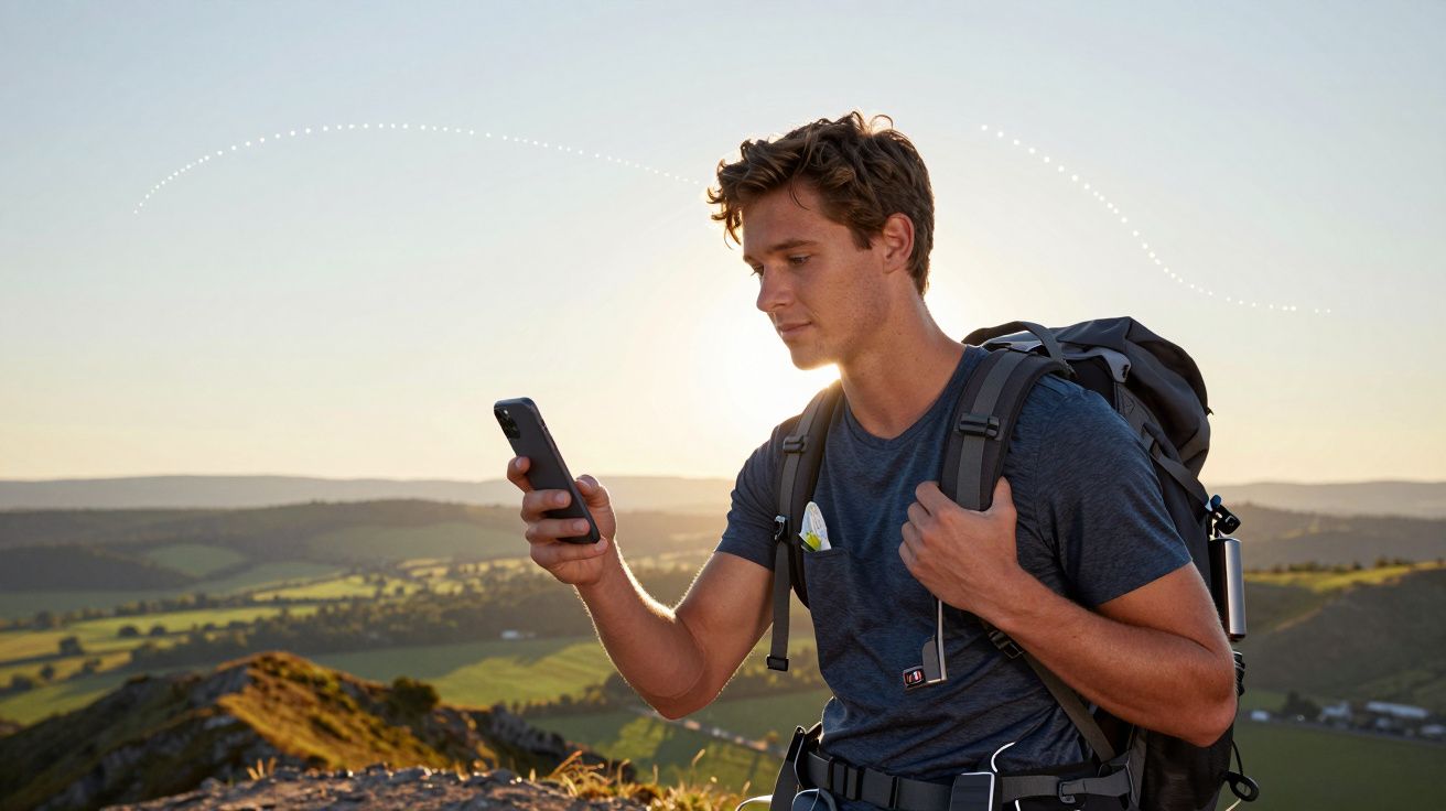 Jovem ao pôr do sol, segurando telemóvel e mochila, apreciando a vista panorâmica no topo de uma colina verde.