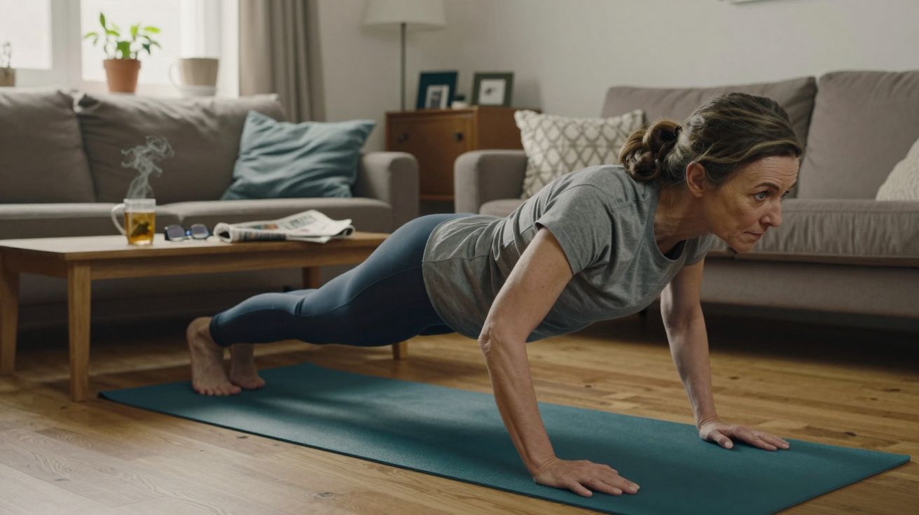 Mulher fazendo prancha numa sala de estar, em cima de um tapete de ioga, com sofá e mesa ao fundo.