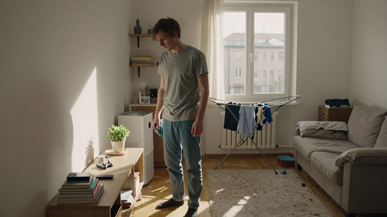 Homem de pé numa sala iluminada pelo sol, com estendal de roupa e sofá ao fundo.