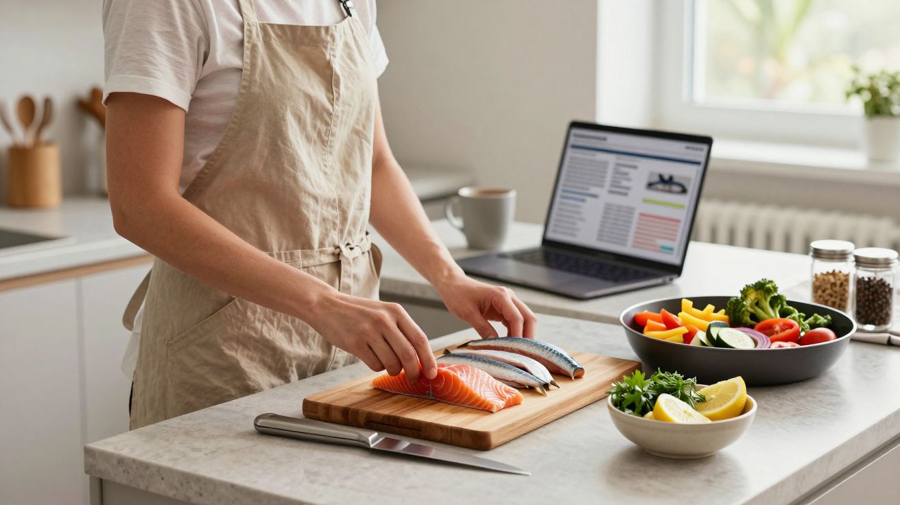Pessoa prepara salmão na bancada da cozinha, com computador ao fundo e tigela de legumes frescos ao lado.