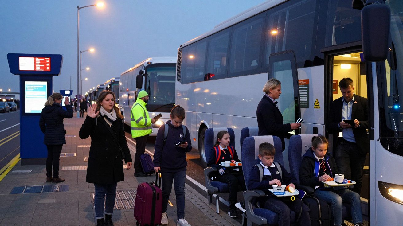 Pessoas com bagagens embarcam em autocarros brancos de manhã cedo. Crianças na fila da frente, comendo em cadeiras de autocar