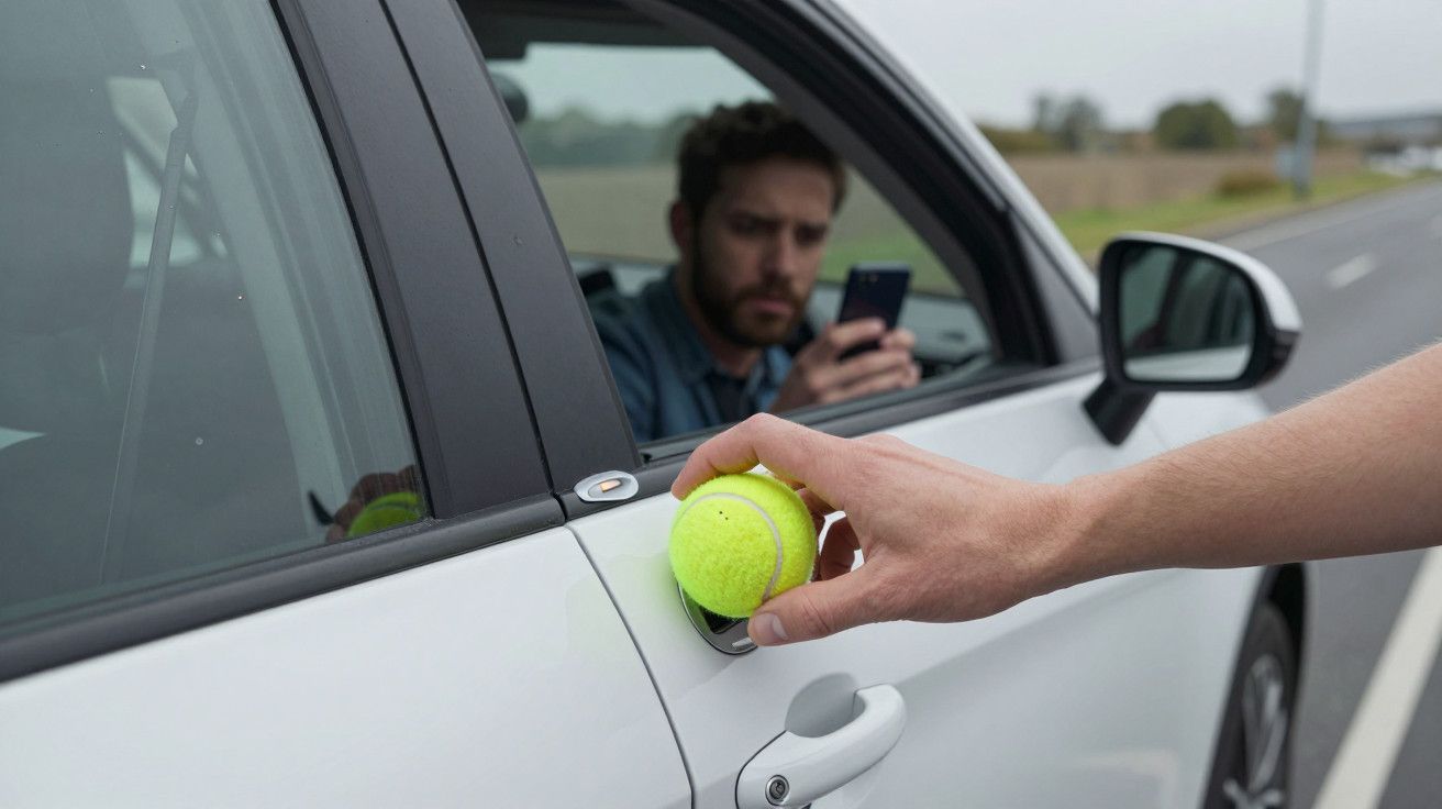 Pessoa utiliza bola de ténis na fechadura de um carro branco enquanto homem observa de dentro com telemóvel na mão.