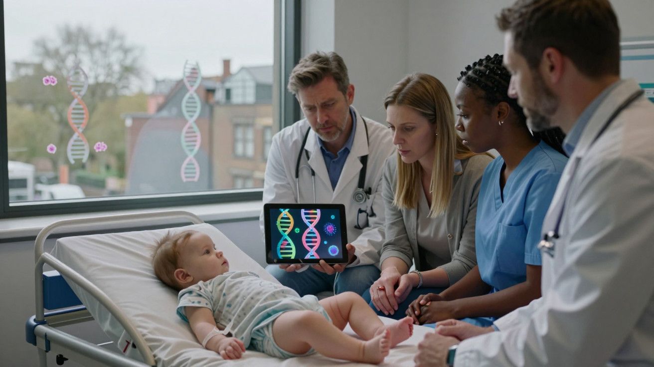 Bebé no hospital com quatro médicos a observá-lo; um deles segura um tablet mostrando imagens de ADN.