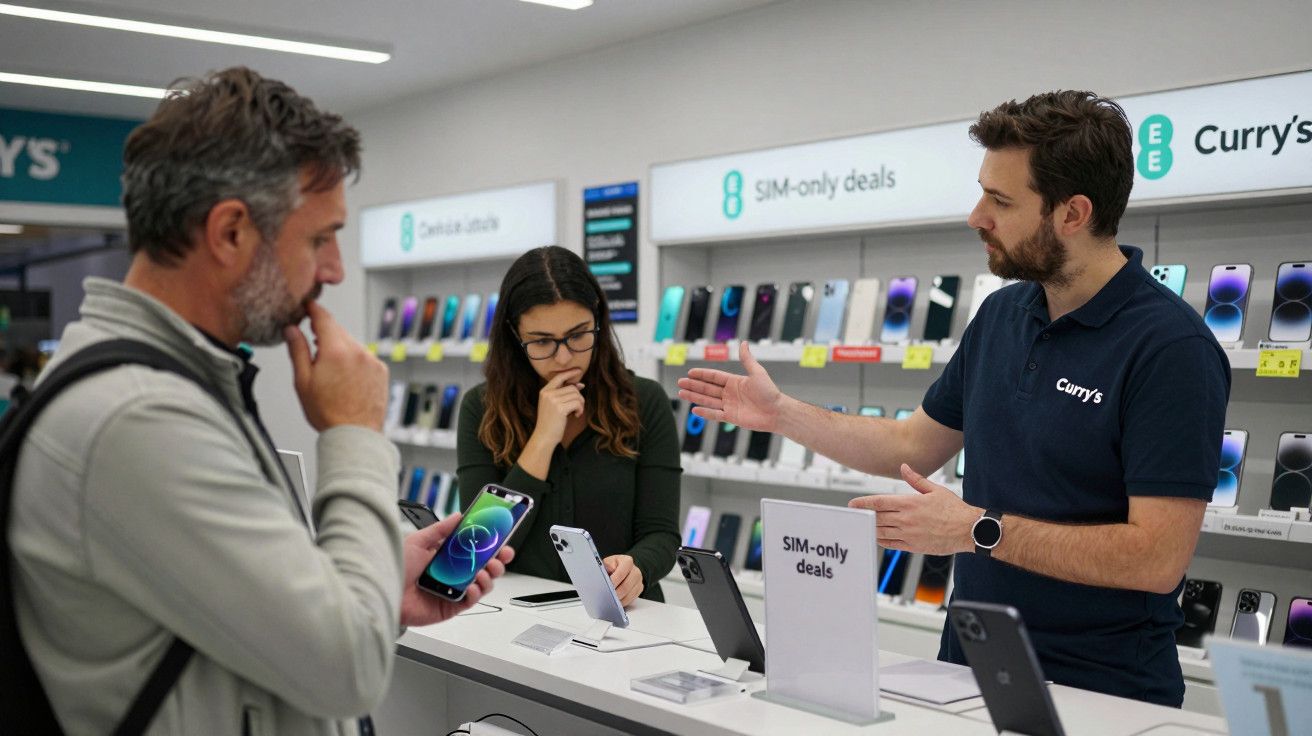 Homem explica ofertas de cartões SIM para dois clientes numa loja de eletrónicos, com smartphones em exposição.