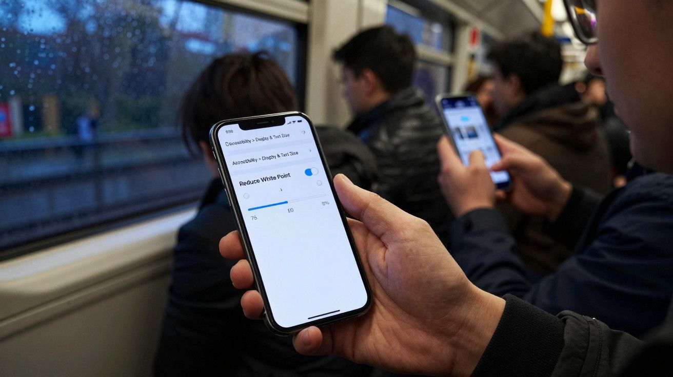 Pessoa no metro ajusta configurações de acessibilidade num smartphone. Outras pessoas ao fundo também usam telemóveis.