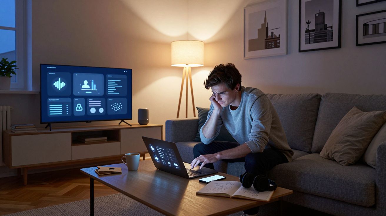 Homem sentado no sofá a trabalhar num portátil, à noite, com uma televisão ligada ao fundo e iluminação suave.