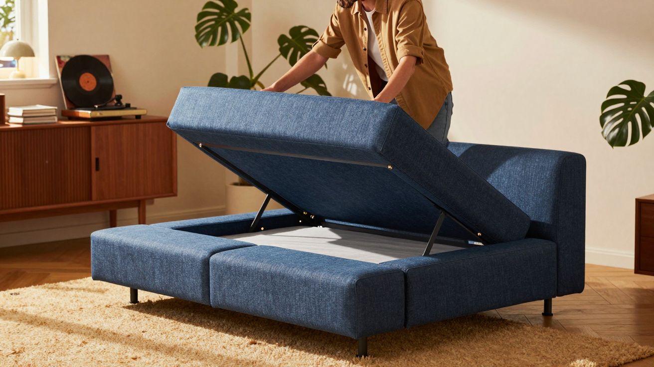 Pessoa a abrir sofá-cama azul numa sala com chão de madeira, tapete bege e plantas decorativas.