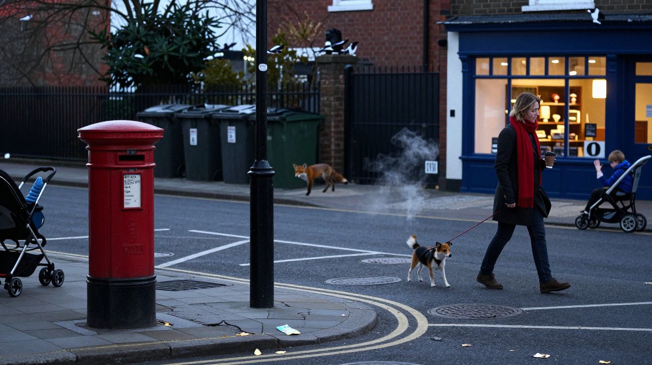 Mulher passeia com cão numa rua urbana, caixa de correio vermelha à esquerda, raposa ao fundo.