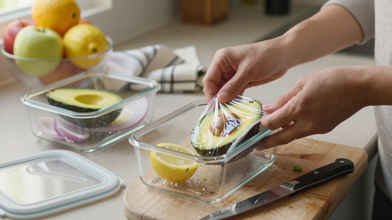 Pessoa a embrulhar meio abacate em película aderente numa cozinha, ao lado de uma faca e recipiente de vidro.