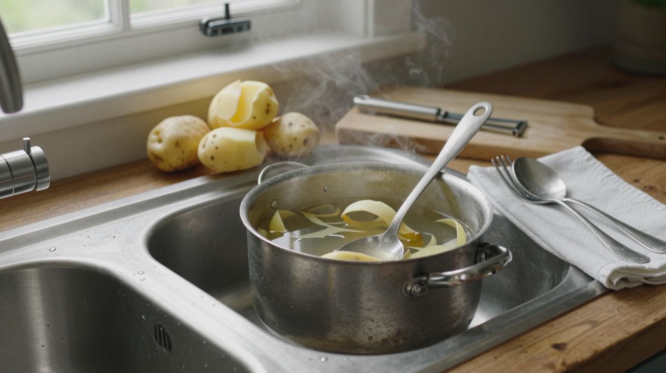 Panela com batatas descascadas a cozer na bancada da cozinha ao lado de talheres e descascador.