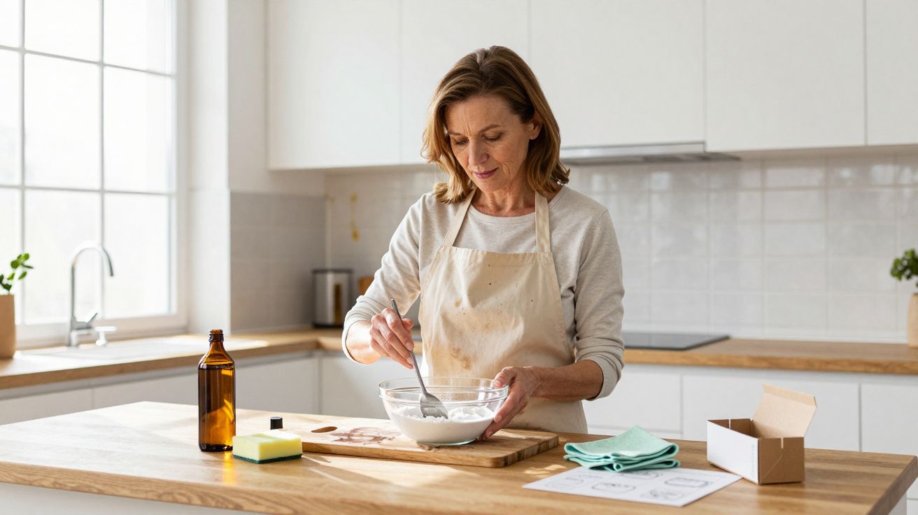 Mulher a preparar massa numa cozinha moderna com bancada de madeira.