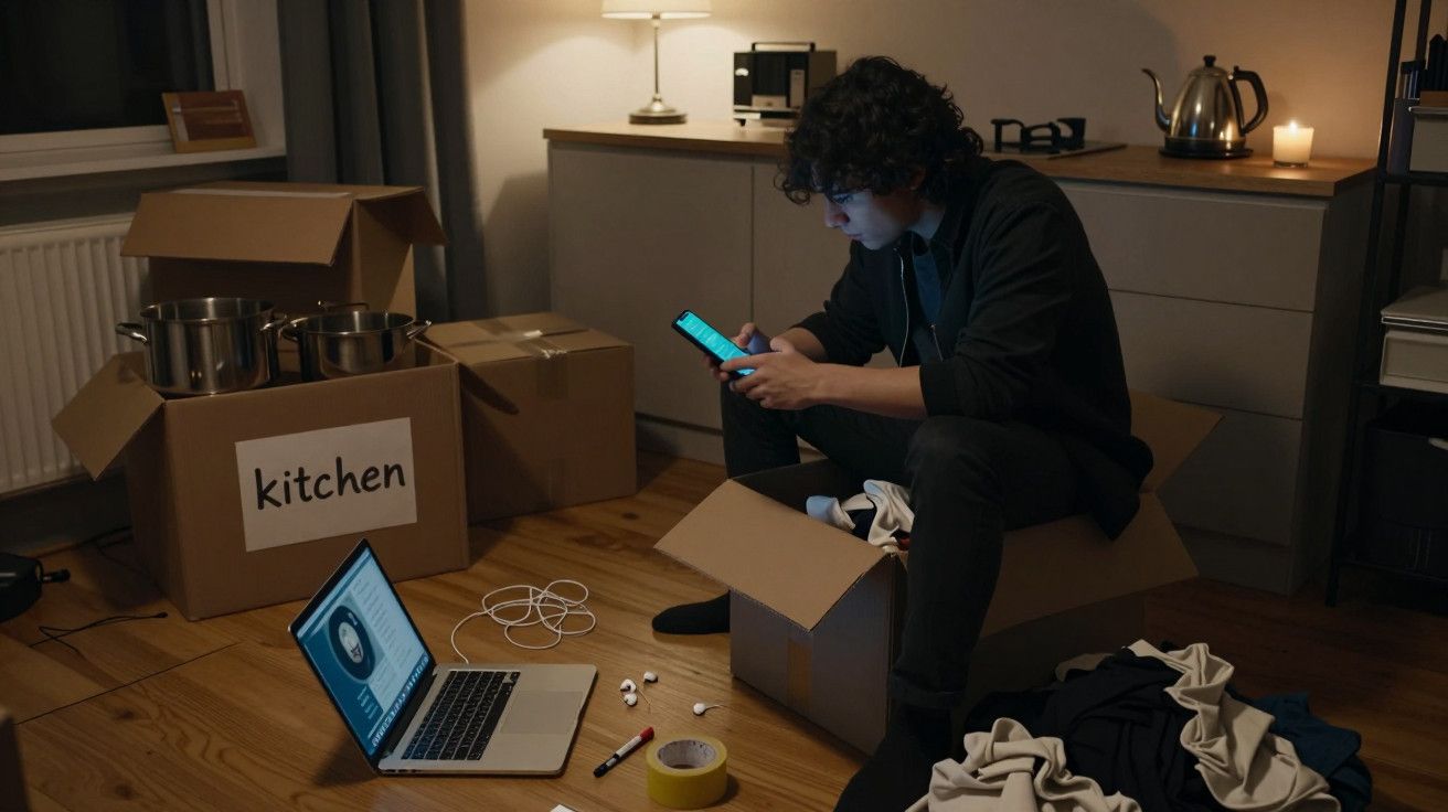 Homem sentado em caixa, rodeado de caixas de mudança, mexe no telemóvel com um portátil à frente numa sala com pouca luz.