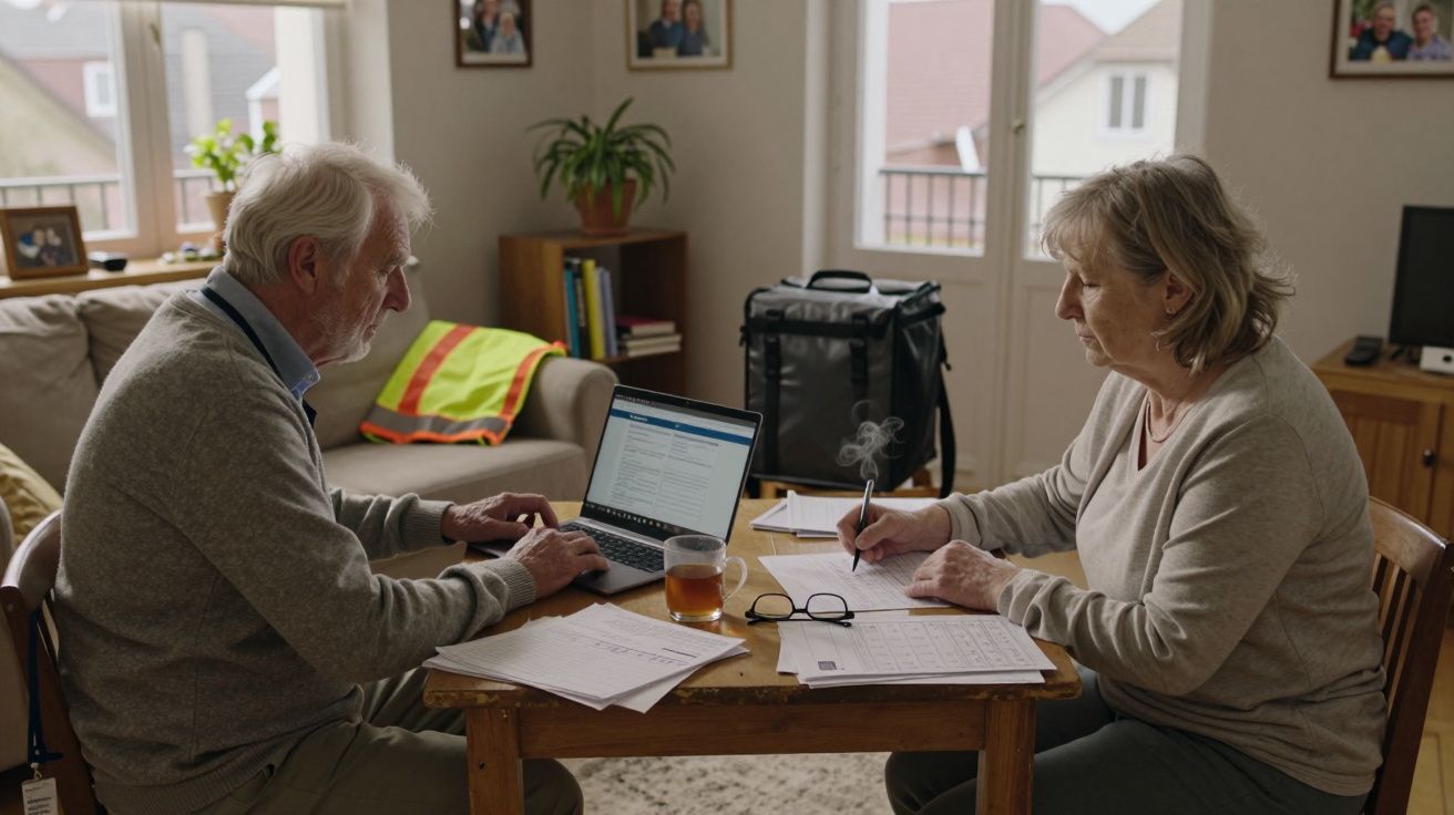 Casal idoso trabalhando em casa, usando portátil e papéis na mesa, com óculos e chá.
