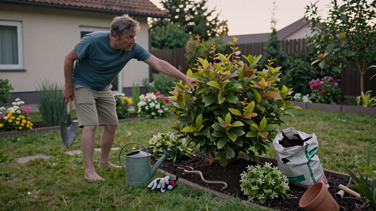 Homem de jardineira em pé, cuidando de um arbusto num jardim, com ferramentas e materiais de jardinagem ao redor.