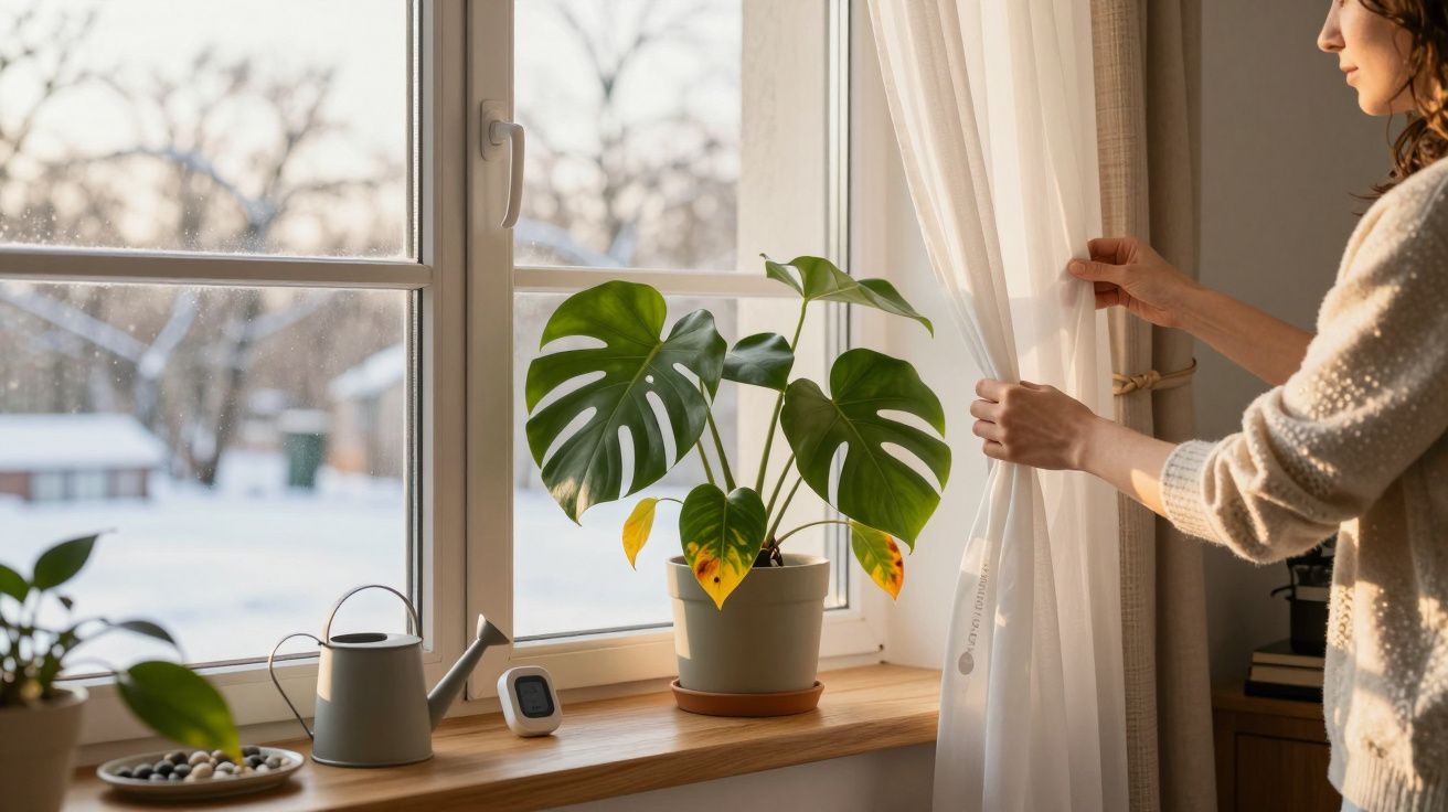 Mulher ajusta cortina perto de janela com planta, regador e termómetro numa soleira iluminada pelo sol.