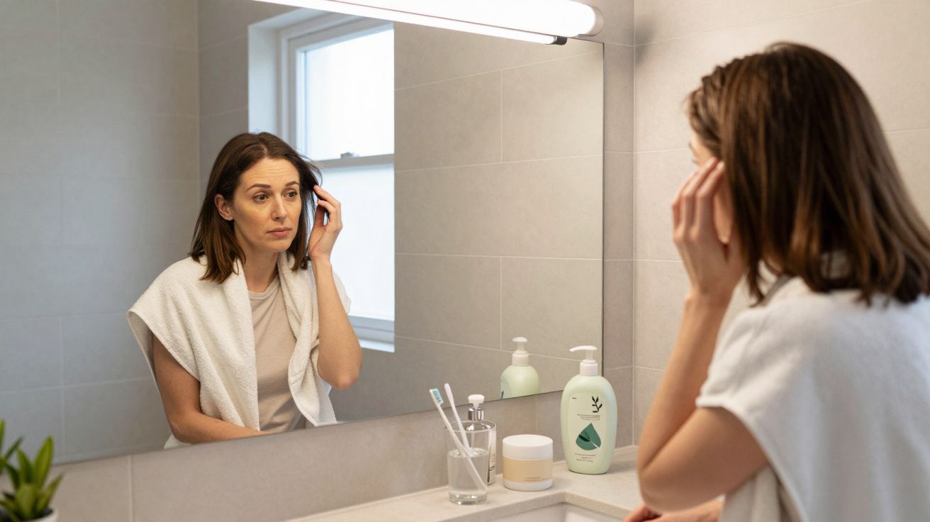 Mulher olha-se ao espelho na casa de banho, aplicando creme no rosto. Produtos de cuidados pessoais visíveis na bancada.