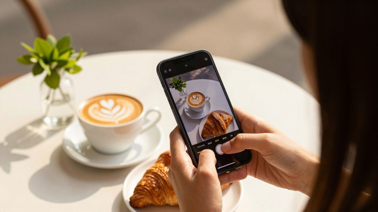 Pessoa a fotografar um café com latte art e um croissant numa mesa, com smartphone, num ambiente iluminado e agradável.