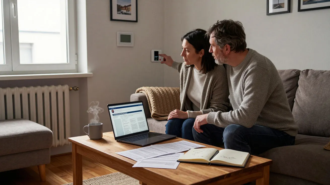 Casal sentado no sofá, discutindo aquecimento central, com portátil aberto na mesa de madeira e chávena fumegante.