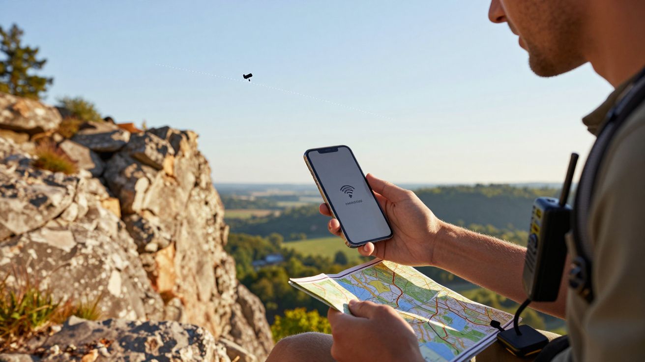 Homem sentado numa rocha com mapa e telemóvel na mão, verificando sinal num cenário rural.