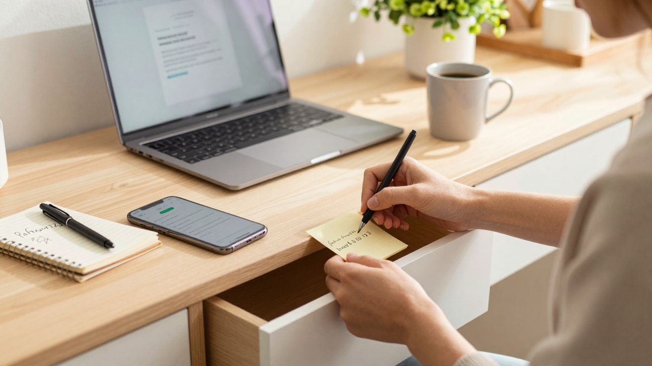Pessoa a escrever num post-it à secretária com portátil, telemóvel e caneca. Planta decorativa ao fundo.