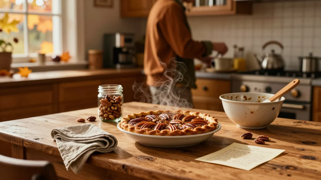 Tarte de nozes fumegante sobre mesa de madeira em cozinha aconchegante; pessoa ao fundo na preparação de alimentos.