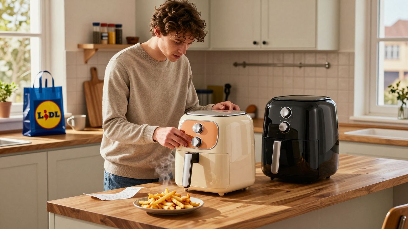 Homem cozinha batatas fritas numa fritadeira de ar numa cozinha moderna, com saco de compras ao fundo.