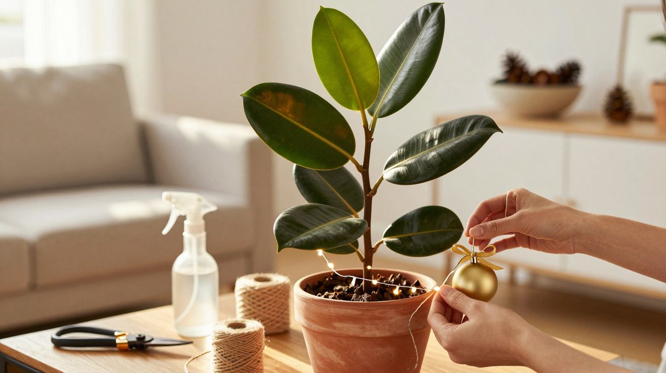 Pessoa a decorar planta com bola dourada, num vaso de barro. Fundo com sofá, apontadores de cordel e pulverizador.