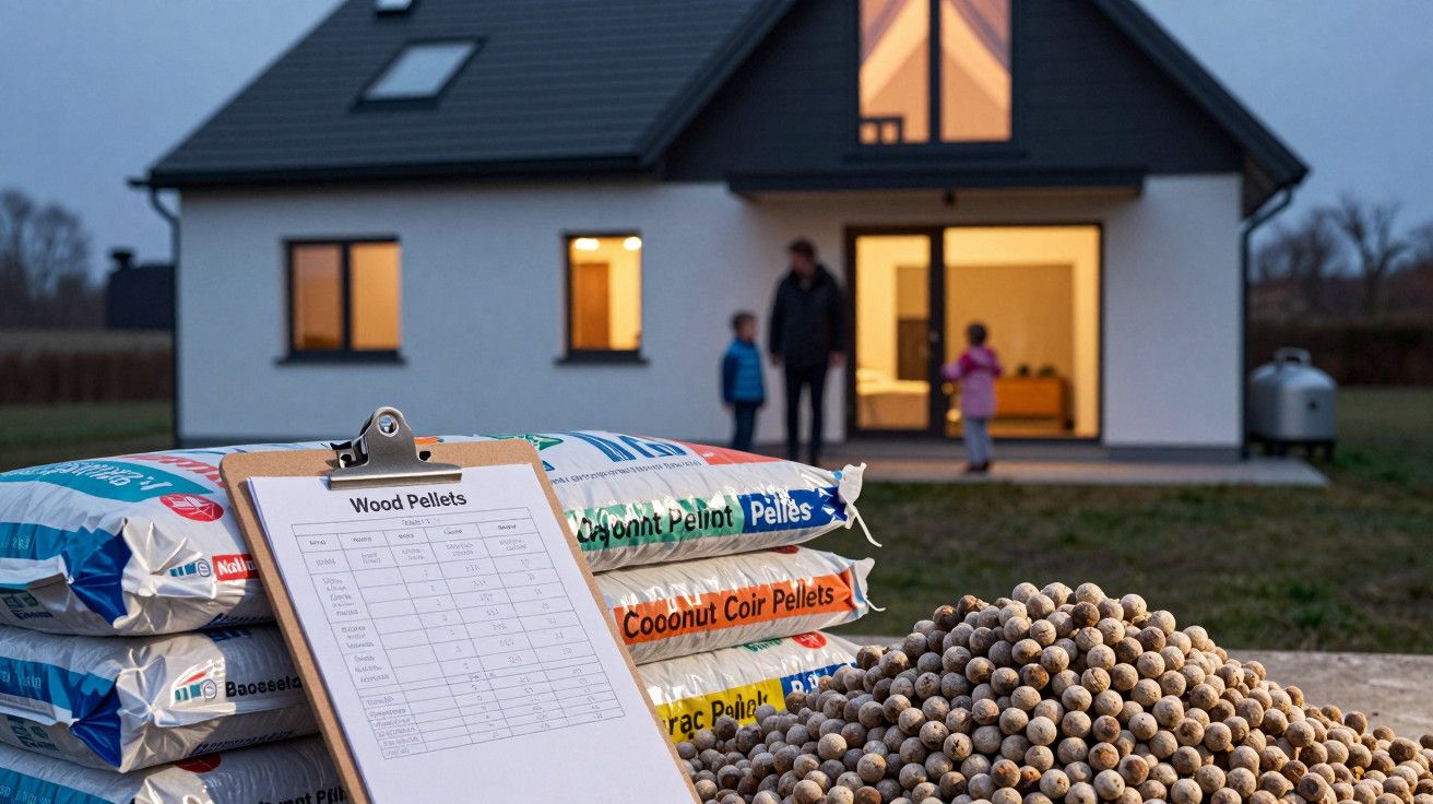 Sacos de pellets e pilha à frente de uma casa iluminada ao anoitecer, com pessoas ao fundo.