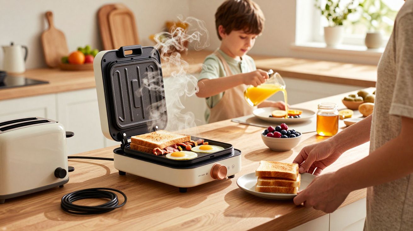 Criança a servir sumo enquanto um adulto prepara torradas e ovos numa sanduicheira na cozinha iluminada pelo sol.