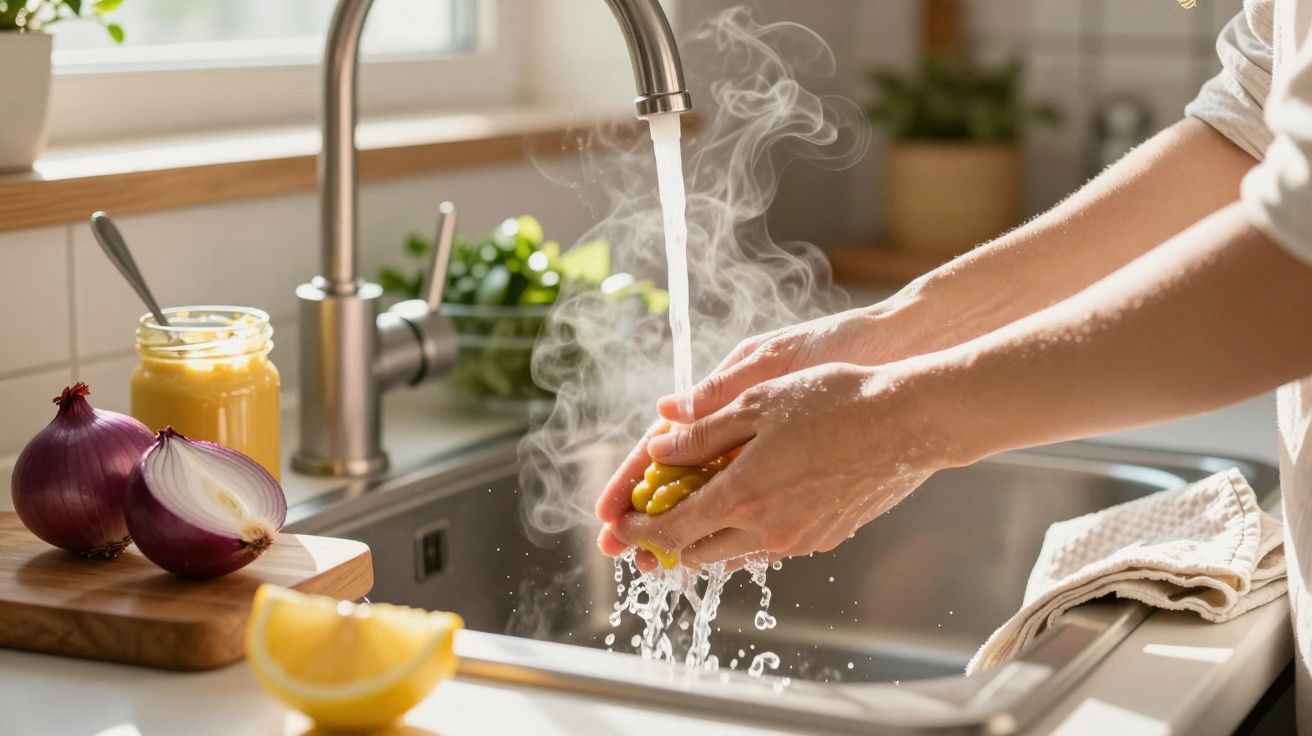 Mãos lavando um limão debaixo de uma torneira na cozinha, com cebolas e limão cortado ao lado.