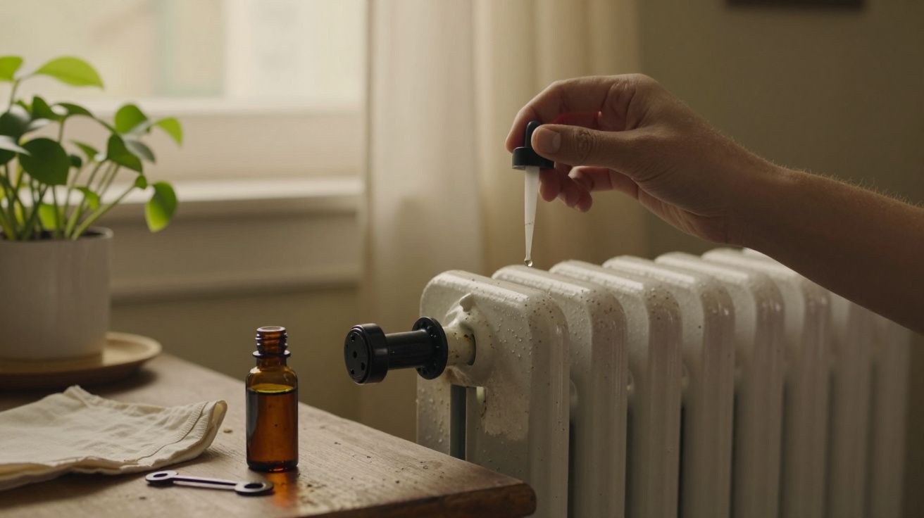 Mão segurando conta-gotas próximo a um radiador branco. Frasco de vidro âmbar e planta em mesa próxima.