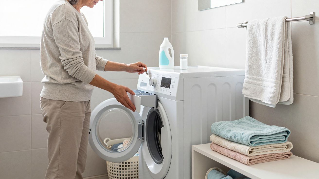 Pessoa a adicionar detergente numa máquina de lavar roupa numa lavandaria doméstica com toalhas dobradas ao lado.