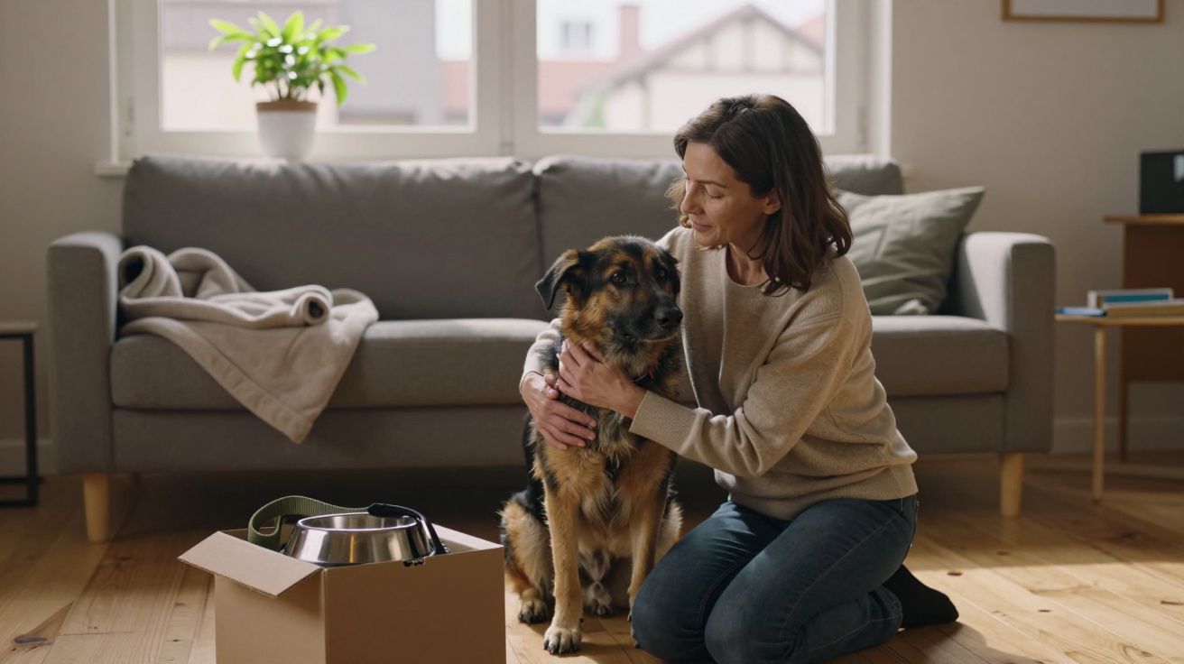 Mulher ajoelhada no chão a abraçar um cão, ao lado de uma caixa e uma tigela, numa sala iluminada.