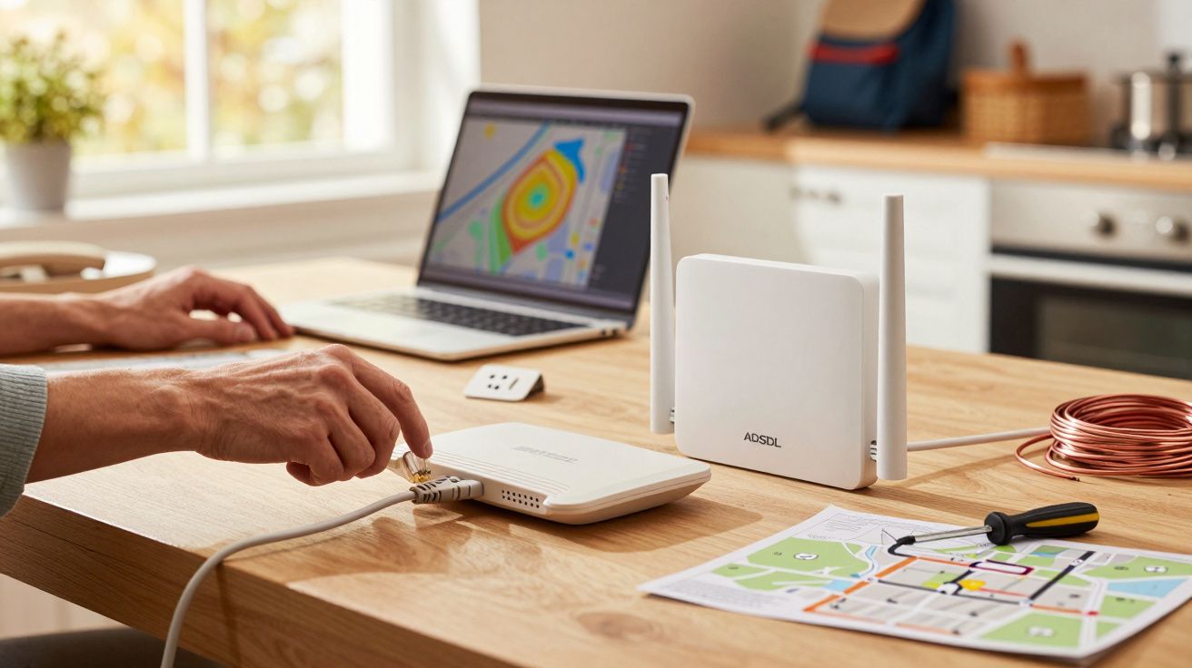 Homem a ligar cabo a um router ADSL numa mesa com portátil, mapa, fio e ferramentas ao lado.