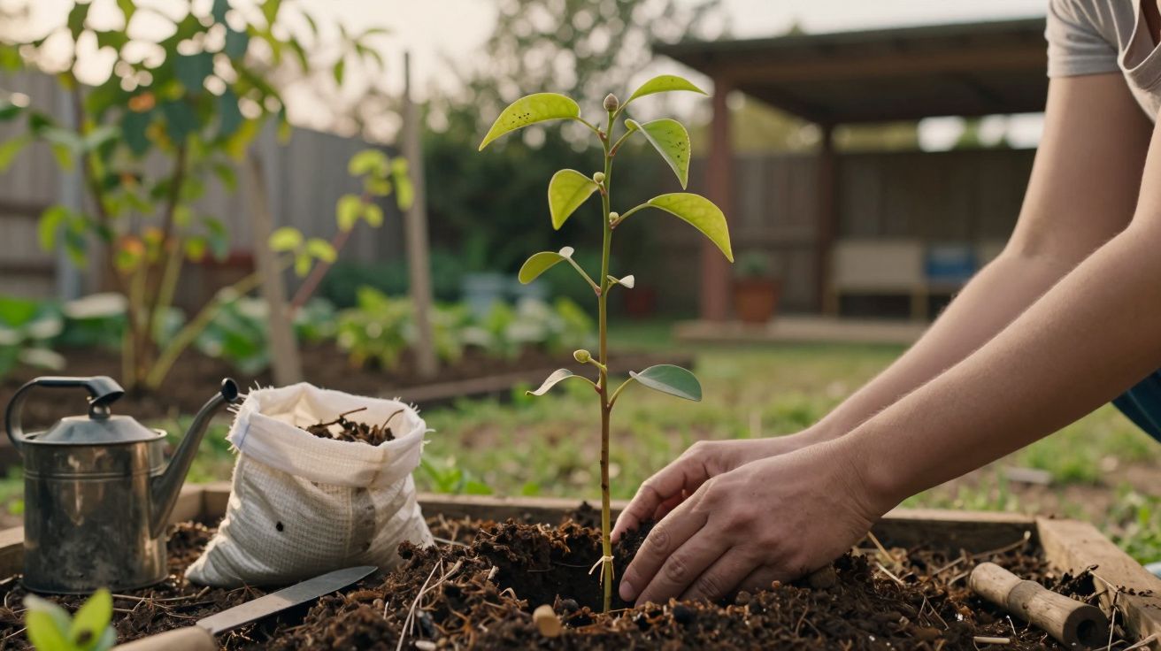 Pessoa a plantar uma muda de árvore num jardim, com regador e adubo ao lado.