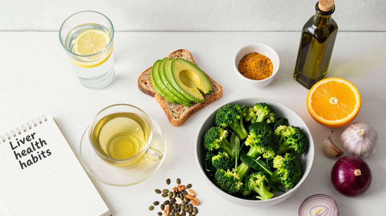 Mesa com alimentos saudáveis: abacate, brócolos, sementes, chá, laranja, azeite, caderno com "Liver health habits".