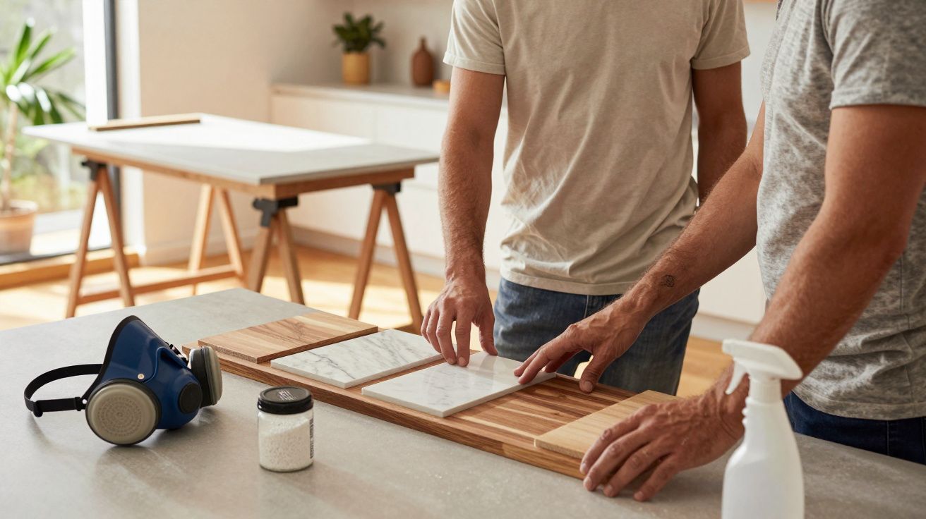 Duas pessoas avaliando amostras de azulejos numa bancada, com materiais de trabalho ao lado.
