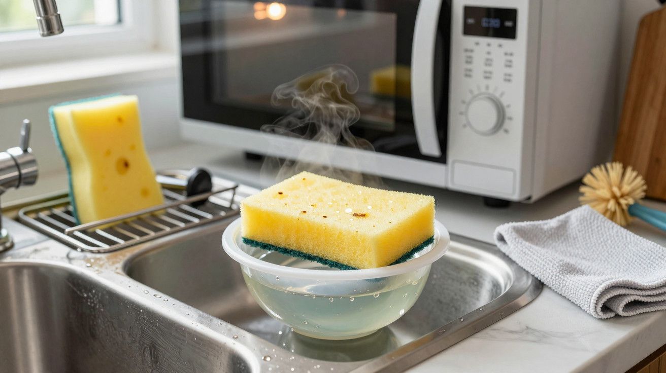 Esponja amarela a esfumar sobre uma tigela de água quente em cozinha.