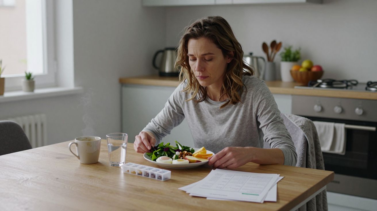 Mulher sentada à mesa, com prato de salada, copo de água e chávena de chá, ao lado de caixa de comprimidos.