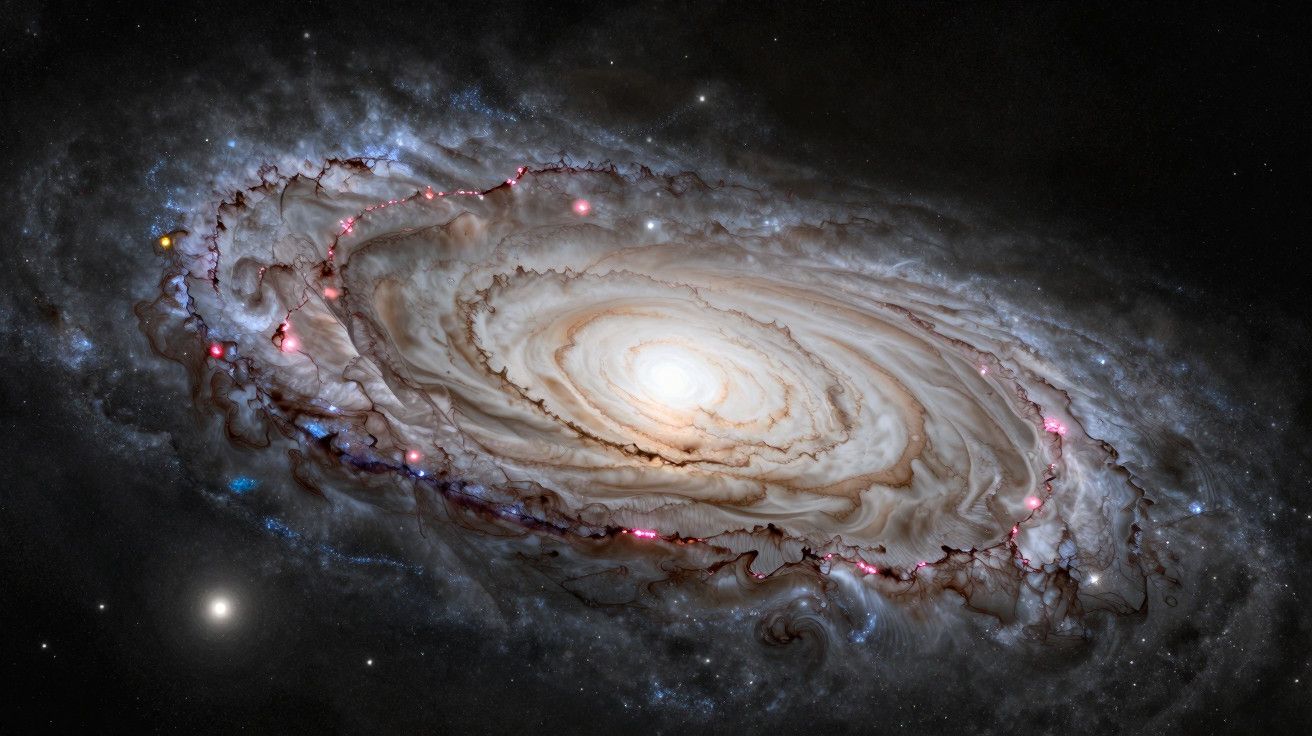 Galáxia espiral com núcleo brilhante e anéis de poeira cósmica, em fundo de céu estrelado.