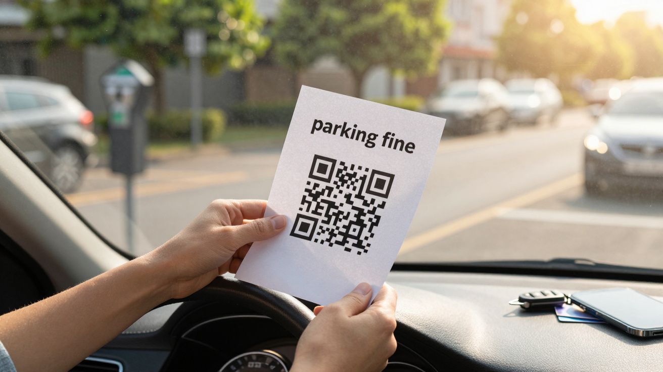 Pessoa segura um papel com "multa de estacionamento" e QR code dentro de um carro estacionado numa rua.