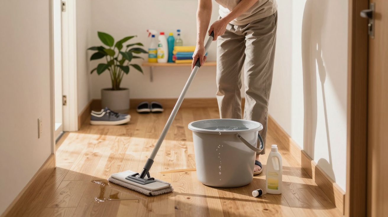 Pessoa a limpar chão de madeira com esfregona e balde. Produtos de limpeza e planta no fundo.