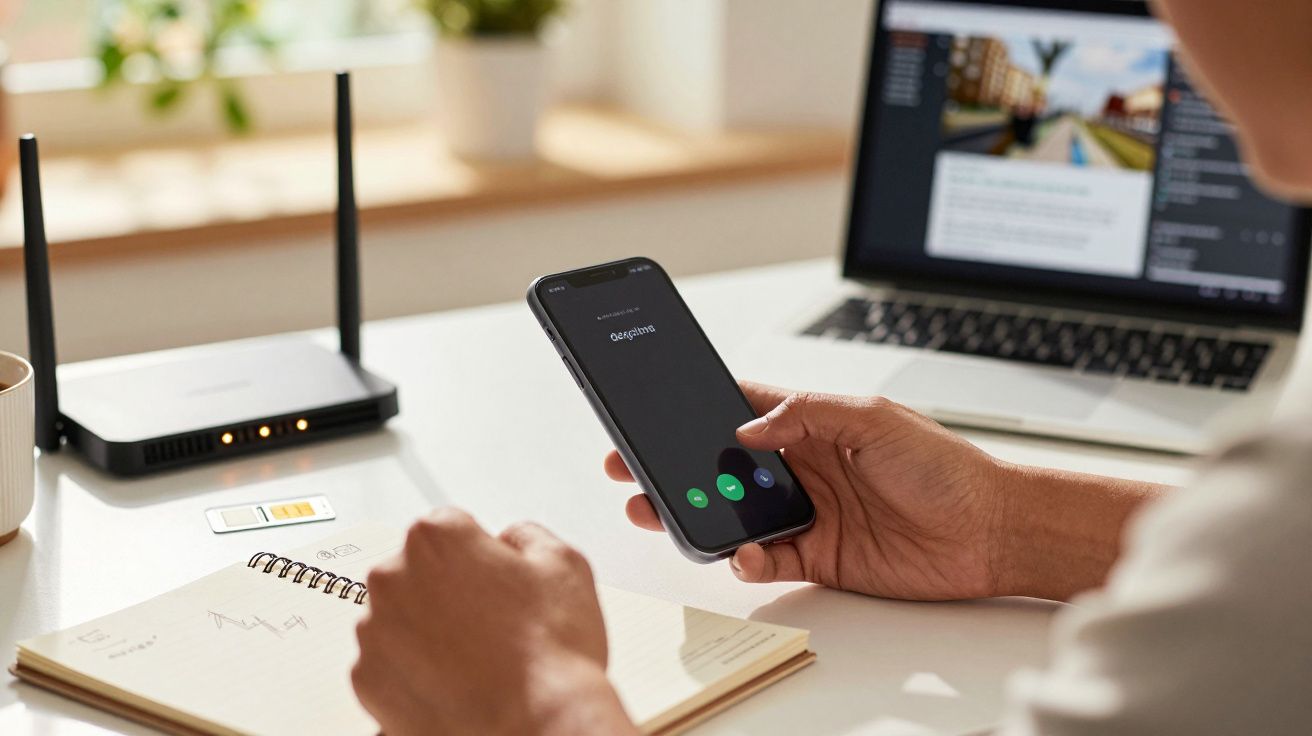 Pessoa segura smartphone com chamada recebida. Mesa com bloco de notas, cartão SIM, router e portátil ao fundo.