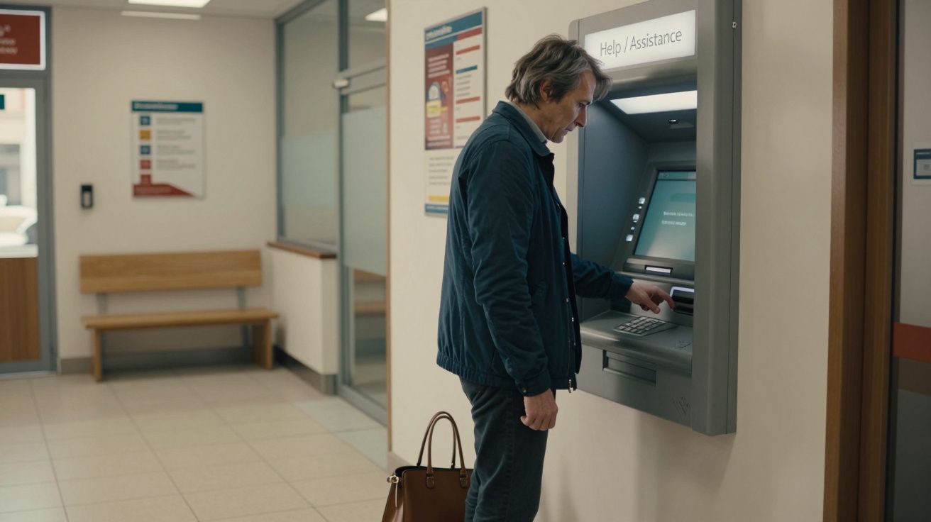 Homem a utilizar um multibanco num espaço interior, com um banco e cartazes informativos.