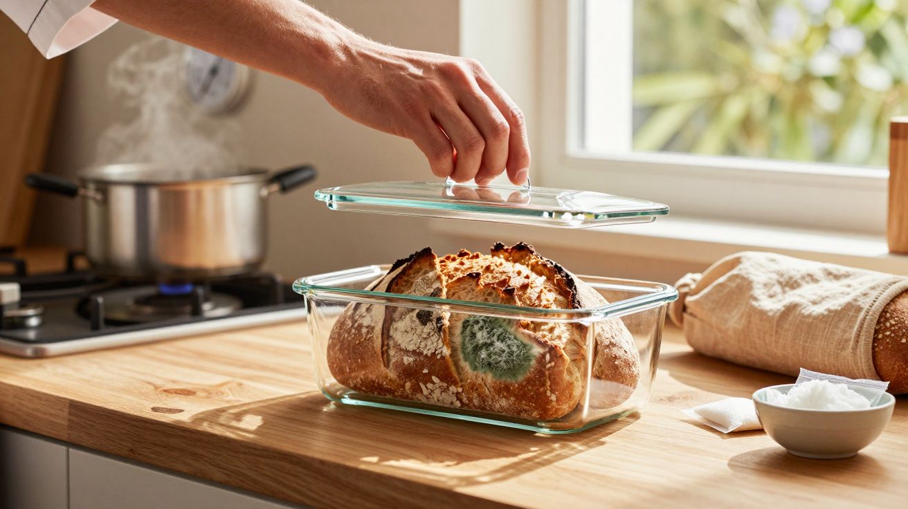 Mão destapa recipiente de vidro com pão mofado numa cozinha bem iluminada.