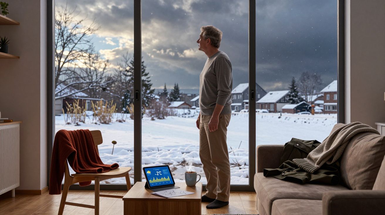 Homem olha para paisagem de neve através de janela grande, com computador e chá na mesa ao lado.