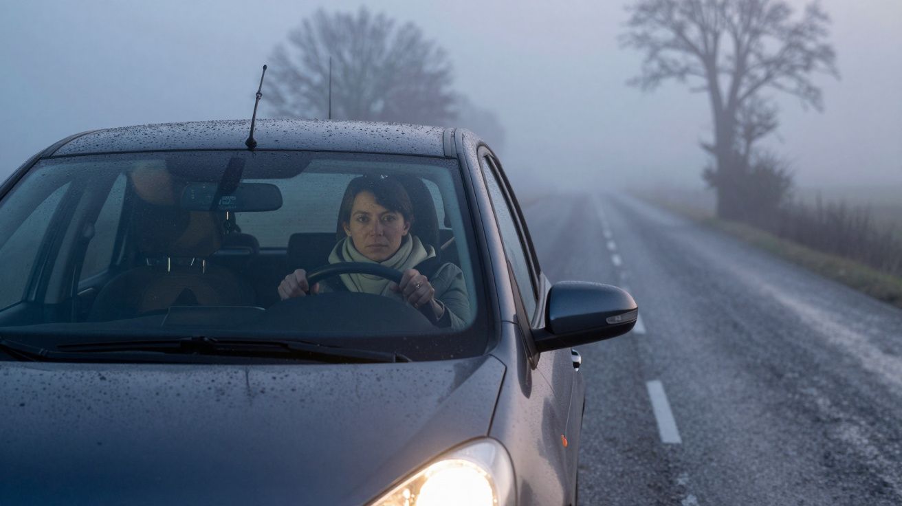 Mulher a conduzir um carro em estrada rural com nevoeiro e árvores desfocadas ao fundo.